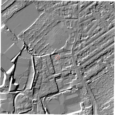 Shaded relief map of the ground around NG27JL, computed from Environment Agency LiDAR. The ground here sits at about 24 m above sea level and falls 9 m across the surrounding 800 m. Surface water reaching this point runs off ground lying to the south-west, 5.5 m higher.
