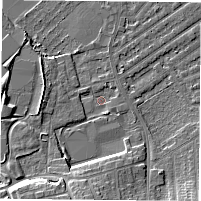 Shaded relief map of the ground around NG27JN, computed from Environment Agency LiDAR. The ground here sits at about 24 m above sea level and falls 13 m across the surrounding 800 m. Surface water reaching this point runs off ground lying to the south-south-west, 12.3 m higher.