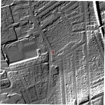Shaded relief map of the ground around NG27JR, computed from Environment Agency LiDAR. The ground here sits at about 25 m above sea level and falls 31 m across the surrounding 800 m. Surface water reaching this point runs off ground lying to the south-east, 28.1 m higher.
