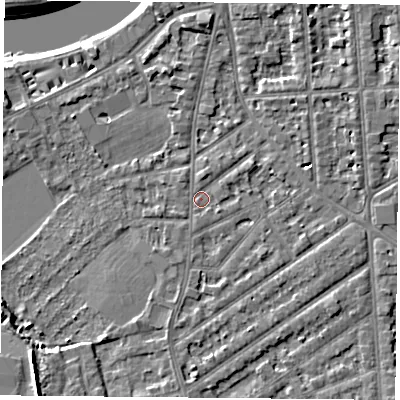 Shaded relief map of the ground around NG27JT, computed from Environment Agency LiDAR. The ground here sits at about 24 m above sea level and falls 7 m across the surrounding 800 m. Surface water reaching this point runs off ground lying to the south-east, 1.6 m higher.