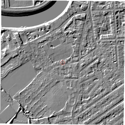 Shaded relief map of the ground around NG27JU, computed from Environment Agency LiDAR. The ground here sits at about 24 m above sea level and falls 8 m across the surrounding 800 m. Surface water reaching this point runs off ground lying to the north-north-east, 3.2 m higher.