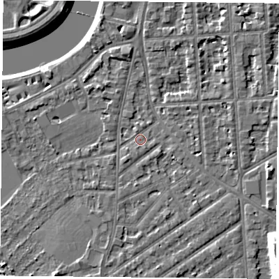 Shaded relief map of the ground around NG27JW, computed from Environment Agency LiDAR. The ground here sits at about 24 m above sea level and falls 12 m across the surrounding 800 m. Surface water reaching this point runs off ground lying to the south-east, 3.2 m higher.