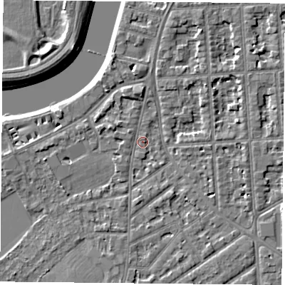 Shaded relief map of the ground around NG27JX, computed from Environment Agency LiDAR. The ground here sits at about 24 m above sea level and falls 5 m across the surrounding 800 m. Surface water reaching this point runs off ground lying to the north, 3.2 m higher.