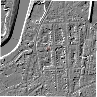 Shaded relief map of the ground around NG27JY, computed from Environment Agency LiDAR. The ground here sits at about 25 m above sea level and falls 9 m across the surrounding 800 m. Surface water reaching this point runs off ground lying to the south-west, 1.8 m higher.
