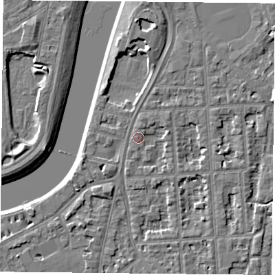 Shaded relief map of the ground around NG27LA, computed from Environment Agency LiDAR. The ground here sits at about 25 m above sea level and falls 6 m across the surrounding 800 m. Surface water reaching this point runs off ground lying to the north, 2.7 m higher.