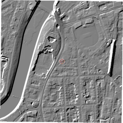 Shaded relief map of the ground around NG27LG, computed from Environment Agency LiDAR. The ground here sits at about 25 m above sea level and falls 9 m across the surrounding 800 m. Surface water reaching this point runs off ground lying to the north, 3.9 m higher.