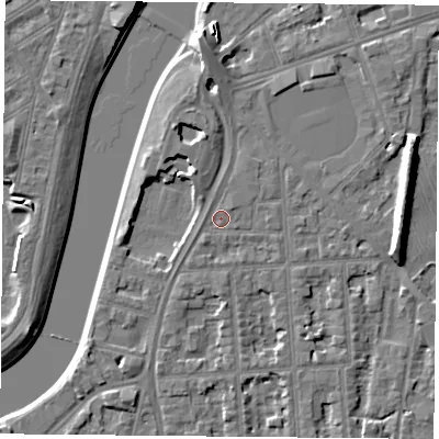 Shaded relief map of the ground around NG27LH, computed from Environment Agency LiDAR. The ground here sits at about 24 m above sea level and falls 9 m across the surrounding 800 m. Surface water reaching this point runs off ground lying to the north, 3.9 m higher.