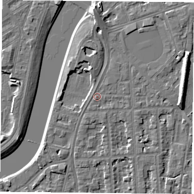 Shaded relief map of the ground around NG27LJ, computed from Environment Agency LiDAR. The ground here sits at about 25 m above sea level and falls 9 m across the surrounding 800 m. Surface water reaching this point runs off ground lying to the north, 3.9 m higher.
