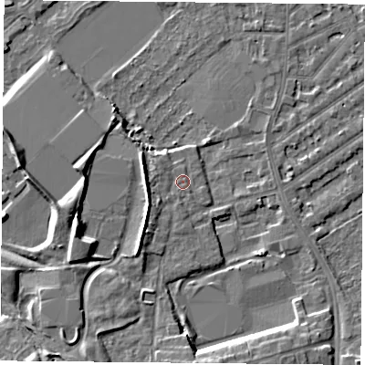 Shaded relief map of the ground around NG27LQ, computed from Environment Agency LiDAR. The ground here sits at about 25 m above sea level and falls 9 m across the surrounding 800 m. Surface water reaching this point runs off ground lying to the south-west, 3.6 m higher.