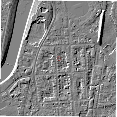 Shaded relief map of the ground around NG27NA, computed from Environment Agency LiDAR. The ground here sits at about 24 m above sea level and falls 9 m across the surrounding 800 m. Surface water reaching this point runs off ground lying to the south-east, 2.7 m higher.
