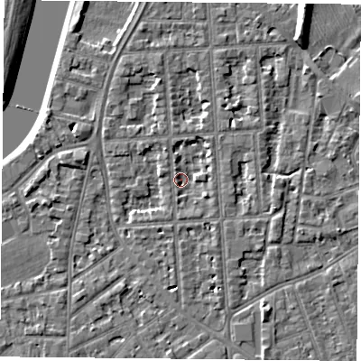Shaded relief map of the ground around NG27NB, computed from Environment Agency LiDAR. The ground here sits at about 24 m above sea level and falls 9 m across the surrounding 800 m. Surface water reaching this point runs off ground lying to the east-south-east, 2.0 m higher.