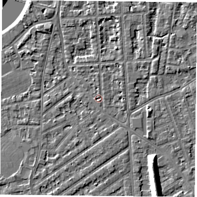 Shaded relief map of the ground around NG27NE, computed from Environment Agency LiDAR. The ground here sits at about 24 m above sea level and falls 12 m across the surrounding 800 m. Surface water reaching this point runs off ground lying to the east-south-east, 2.2 m higher.