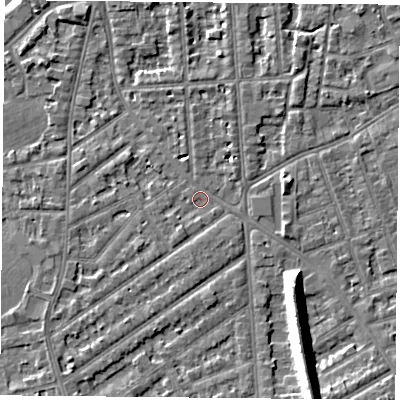 Shaded relief map of the ground around NG27NF, computed from Environment Agency LiDAR. The ground here sits at about 24 m above sea level and falls 13 m across the surrounding 800 m. Surface water reaching this point runs off ground lying to the south-south-east, 10.2 m higher.