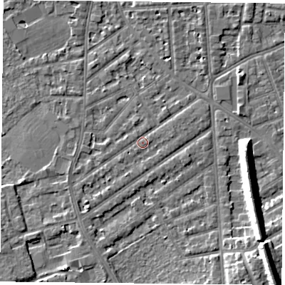 Shaded relief map of the ground around NG27NG, computed from Environment Agency LiDAR. The ground here sits at about 25 m above sea level and falls 12 m across the surrounding 800 m. Surface water reaching this point runs off ground lying to the south-west, 1.6 m higher.