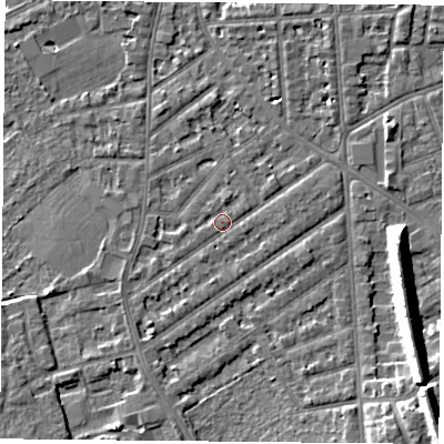 Shaded relief map of the ground around NG27NH, computed from Environment Agency LiDAR. The ground here sits at about 25 m above sea level and falls 12 m across the surrounding 800 m. Surface water reaching this point runs off ground lying to the south-west, 1.6 m higher.