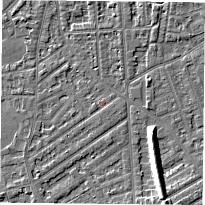 Shaded relief map of the ground around NG27NJ, computed from Environment Agency LiDAR. The ground here sits at about 25 m above sea level and falls 12 m across the surrounding 800 m. Surface water reaching this point runs off ground lying to the west-south-west, 0.9 m higher.