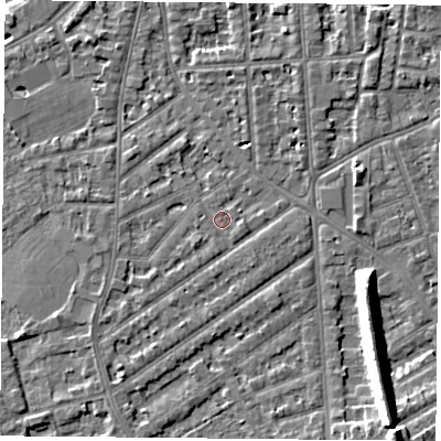 Shaded relief map of the ground around NG27NL, computed from Environment Agency LiDAR. The ground here sits at about 25 m above sea level and falls 13 m across the surrounding 800 m. Surface water reaching this point runs off ground lying to the south-west, 1.6 m higher.