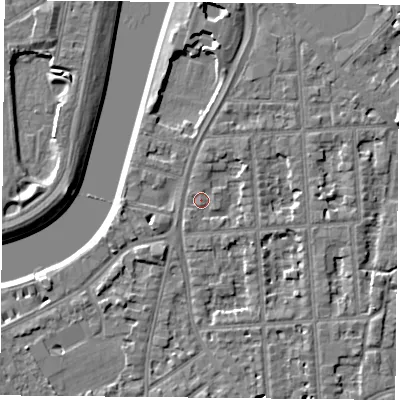 Shaded relief map of the ground around NG27NN, computed from Environment Agency LiDAR. The ground here sits at about 25 m above sea level and falls 6 m across the surrounding 800 m. Surface water reaching this point runs off ground lying to the north-east, 1.8 m higher.