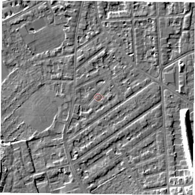Shaded relief map of the ground around NG27NQ, computed from Environment Agency LiDAR. The ground here sits at about 24 m above sea level and falls 12 m across the surrounding 800 m. Surface water reaching this point runs off ground lying to the east, 1.3 m higher.