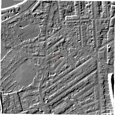 Shaded relief map of the ground around NG27NR, computed from Environment Agency LiDAR. The ground here sits at about 24 m above sea level and falls 12 m across the surrounding 800 m. Surface water reaching this point runs off ground lying to the south-east, 1.6 m higher.