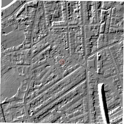 Shaded relief map of the ground around NG27NS, computed from Environment Agency LiDAR. The ground here sits at about 24 m above sea level and falls 13 m across the surrounding 800 m. Surface water reaching this point runs off ground lying to the south-south-east, 1.2 m higher.