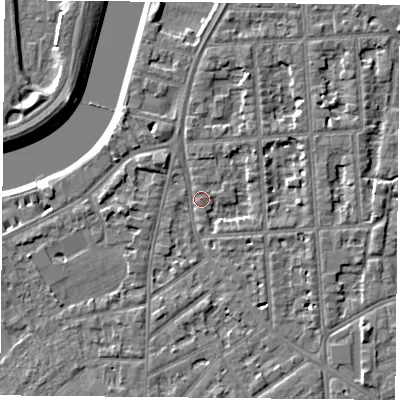 Shaded relief map of the ground around NG27NW, computed from Environment Agency LiDAR. The ground here sits at about 24 m above sea level and falls 5 m across the surrounding 800 m. Surface water reaching this point runs off ground lying to the north-north-east, 1.8 m higher.