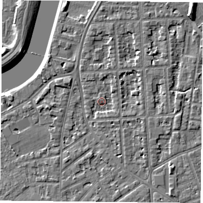 Shaded relief map of the ground around NG27NX, computed from Environment Agency LiDAR. The ground here sits at about 24 m above sea level and falls 9 m across the surrounding 800 m. Surface water reaching this point runs off ground lying to the north-east, 2.2 m higher.