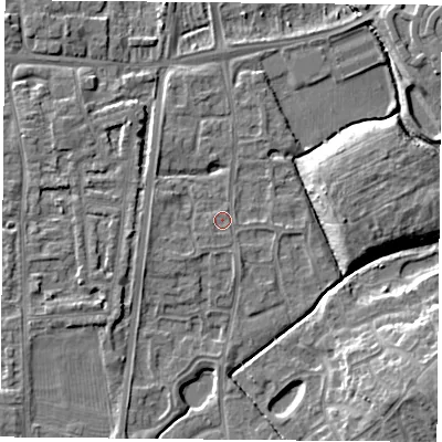 Shaded relief map of the ground around NG27PA, computed from Environment Agency LiDAR. The ground here sits at about 24 m above sea level and falls 10 m across the surrounding 800 m. Surface water reaching this point runs off ground lying to the south-west, 1.2 m higher.