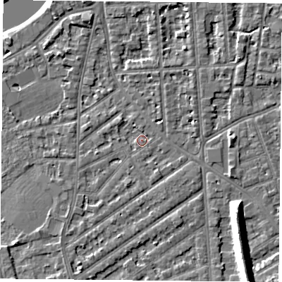Shaded relief map of the ground around NG27PJ, computed from Environment Agency LiDAR. The ground here sits at about 24 m above sea level and falls 13 m across the surrounding 800 m. Surface water reaching this point runs off ground lying to the south-south-west, 1.9 m higher.