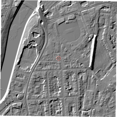 Shaded relief map of the ground around NG27PN, computed from Environment Agency LiDAR. The ground here sits at about 25 m above sea level and falls 9 m across the surrounding 800 m. Surface water reaching this point runs off ground lying to the south, 0.6 m higher.
