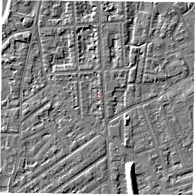 Shaded relief map of the ground around NG27PW, computed from Environment Agency LiDAR. The ground here sits at about 25 m above sea level and falls 12 m across the surrounding 800 m. Surface water reaching this point runs off ground lying to the north, 1.5 m higher.