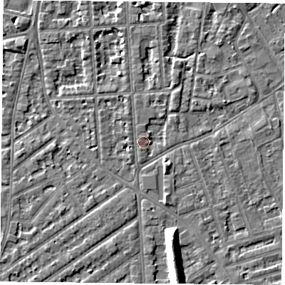 Shaded relief map of the ground around NG27PX, computed from Environment Agency LiDAR. The ground here sits at about 24 m above sea level and falls 11 m across the surrounding 800 m. Surface water reaching this point runs off ground lying to the south-south-east, 9.4 m higher.