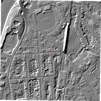 Shaded relief map of the ground around NG27PZ, computed from Environment Agency LiDAR. The ground here sits at about 25 m above sea level and falls 9 m across the surrounding 800 m. Surface water reaching this point runs off ground lying to the west-south-west, 2.6 m higher.