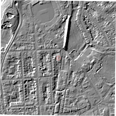 Shaded relief map of the ground around NG27QB, computed from Environment Agency LiDAR. The ground here sits at about 24 m above sea level and falls 9 m across the surrounding 800 m. Surface water reaching this point runs off ground lying to the south, 2.5 m higher.