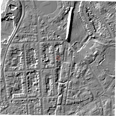Shaded relief map of the ground around NG27QD, computed from Environment Agency LiDAR. The ground here sits at about 24 m above sea level and falls 9 m across the surrounding 800 m. Surface water reaching this point runs off ground lying to the south, 2.5 m higher.
