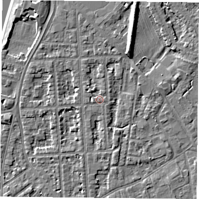Shaded relief map of the ground around NG27QE, computed from Environment Agency LiDAR. The ground here sits at about 24 m above sea level and falls 9 m across the surrounding 800 m. Surface water reaching this point runs off ground lying to the north-west, 1.8 m higher.