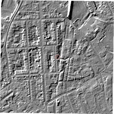 Shaded relief map of the ground around NG27QF, computed from Environment Agency LiDAR. The ground here sits at about 24 m above sea level and falls 8 m across the surrounding 800 m. Surface water reaching this point runs off ground lying to the south-south-east, 2.5 m higher.