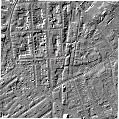 Shaded relief map of the ground around NG27QG, computed from Environment Agency LiDAR. The ground here sits at about 25 m above sea level and falls 9 m across the surrounding 800 m. Surface water reaching this point runs off ground lying to the south-east, 0.8 m higher.