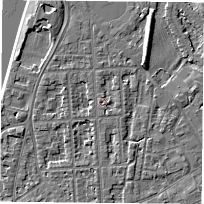 Shaded relief map of the ground around NG27QH, computed from Environment Agency LiDAR. The ground here sits at about 25 m above sea level and falls 9 m across the surrounding 800 m. Surface water reaching this point runs off ground lying to the north-north-east, 1.6 m higher.