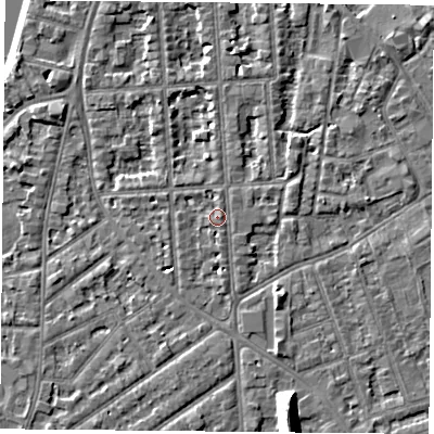Shaded relief map of the ground around NG27QJ, computed from Environment Agency LiDAR. The ground here sits at about 25 m above sea level and falls 12 m across the surrounding 800 m. Surface water reaching this point runs off ground lying to the east, 1.5 m higher.