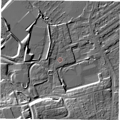 Shaded relief map of the ground around NG27QN, computed from Environment Agency LiDAR. The ground here sits at about 25 m above sea level and falls 14 m across the surrounding 800 m. Surface water reaching this point runs off ground lying to the west-north-west, 3.8 m higher.