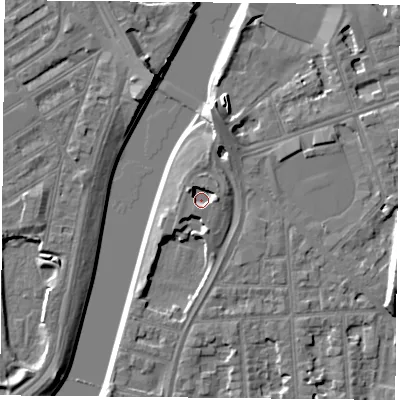 Shaded relief map of the ground around NG27QP, computed from Environment Agency LiDAR. The ground here sits at about 24 m above sea level and falls 9 m across the surrounding 800 m. Surface water reaching this point runs off ground lying to the north-west, 2.8 m higher.