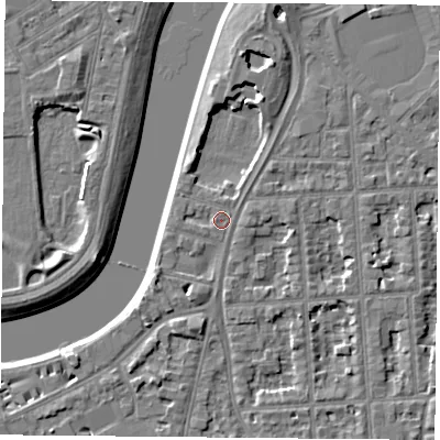 Shaded relief map of the ground around NG27QQ, computed from Environment Agency LiDAR. The ground here sits at about 25 m above sea level and falls 6 m across the surrounding 800 m. Surface water reaching this point runs off ground lying to the north, 3.8 m higher.