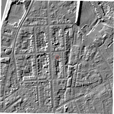 Shaded relief map of the ground around NG27QR, computed from Environment Agency LiDAR. The ground here sits at about 24 m above sea level and falls 9 m across the surrounding 800 m. Surface water reaching this point runs off ground lying to the south-south-east, 2.5 m higher.