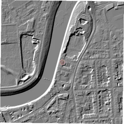 Shaded relief map of the ground around NG27QT, computed from Environment Agency LiDAR. The ground here sits at about 25 m above sea level and falls 6 m across the surrounding 800 m. Surface water reaching this point runs off ground lying to the north, 2.1 m higher.