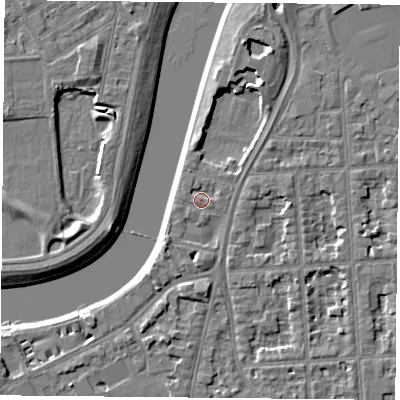 Shaded relief map of the ground around NG27QU, computed from Environment Agency LiDAR. The ground here sits at about 25 m above sea level and falls 6 m across the surrounding 800 m. Surface water reaching this point runs off ground lying to the east-north-east, 1.0 m higher.