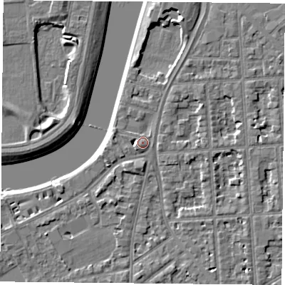 Shaded relief map of the ground around NG27QW, computed from Environment Agency LiDAR. The ground here sits at about 25 m above sea level and falls 5 m across the surrounding 800 m. Surface water reaching this point runs off ground lying to the north-north-east, 3.7 m higher.