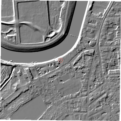 Shaded relief map of the ground around NG27QX, computed from Environment Agency LiDAR. The ground here sits at about 24 m above sea level and falls 5 m across the surrounding 800 m. Surface water reaching this point runs off ground lying to the south-south-west, 1.3 m higher.