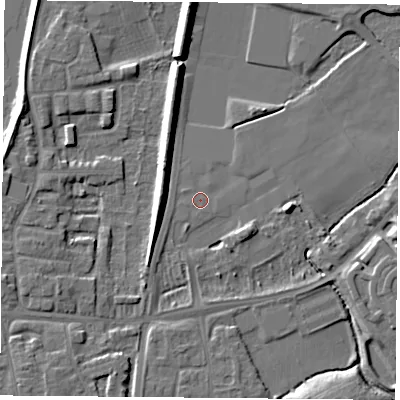 Shaded relief map of the ground around NG27QY, computed from Environment Agency LiDAR. The ground here sits at about 23 m above sea level and falls 9 m across the surrounding 800 m. The ground contributing surface water to this point lies to the north-north-east.