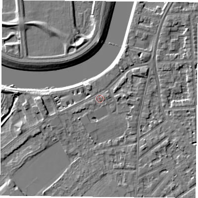 Shaded relief map of the ground around NG27QZ, computed from Environment Agency LiDAR. The ground here sits at about 24 m above sea level and falls 5 m across the surrounding 800 m. Surface water reaching this point runs off ground lying to the west-south-west, 1.3 m higher.